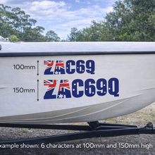 Load image into Gallery viewer, Boat with Australian flag-themed registration number decal on a grassy area.