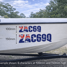 Load image into Gallery viewer, Boat with Australian flag-themed registration number decal on a grassy area.