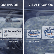 Load image into Gallery viewer, Comparison of two car window stickers with text and dimensions shown from inside and outside a vehicle.