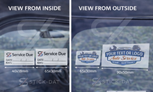 Load image into Gallery viewer, Comparison of two car window stickers with text and dimensions shown from inside and outside a vehicle.
