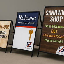 Load image into Gallery viewer, Set of sandwich shop and real estate agent a-frame signs on a neutral background