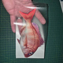 Load image into Gallery viewer, Hand holding a card with a red fish illustration on a green cutting mat.