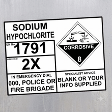 Load image into Gallery viewer, Sodium Hypochlorite UN 1791 Hazchem EIP Decal Sign – Tank Identification