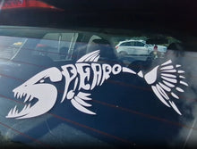 Load image into Gallery viewer, White fish skeleton decal on a car window with 'SPREARO' text.