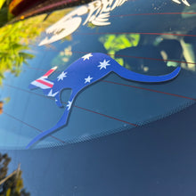Load image into Gallery viewer, Blue kangaroo-shaped decal with Australian flag on a car window