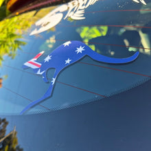 Load image into Gallery viewer, Blue kangaroo-shaped decal with Australian flag on a car window