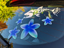 Load image into Gallery viewer, Frangipani Blue flower decals on a car window with a visible brand logo in the background.