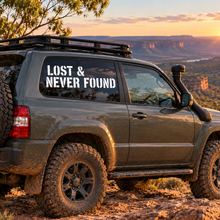 Load image into Gallery viewer, Lost and Never Found name on car in Stencil font Sticker