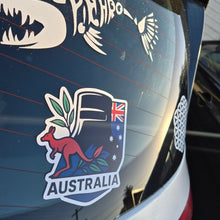 Load image into Gallery viewer, Ned Kelly Car window with a kangaroo and emu decal on the left and an Australia decal on the right.