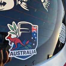 Load image into Gallery viewer, Ned Kelly Australia-themed decal on a car window with kangaroo and emu designs.