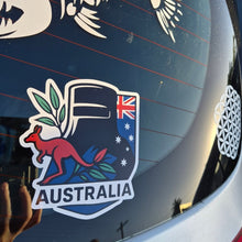 Load image into Gallery viewer, Ned Kelly Australia-themed decal on a car window with kangaroo and emu designs.