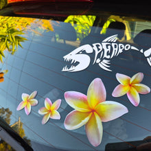 Load image into Gallery viewer, Car window with a yellow frangipani decal and tropical flowers