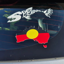 Load image into Gallery viewer, Car window with three decals: a white fish skeleton, an Aboriginal flag, and a geometric design.