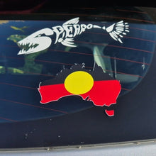 Load image into Gallery viewer, Car window with three decals: a white fish skeleton, an Aboriginal flag, and a geometric design.
