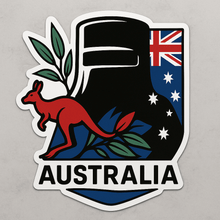 Load image into Gallery viewer, Sticker with a welding helmet, kangaroo, and Australian flag on a gray background