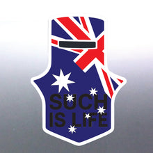 Load image into Gallery viewer, Sticker with Australian flag and 'Such is Life' text on a reflective surface