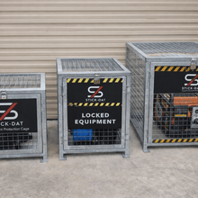 Load image into Gallery viewer, Three metal equipment cages with 'Stick-Dat' branding on a concrete surface.
