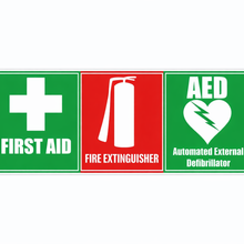 Load image into Gallery viewer, Signage for first aid, fire extinguisher, and AED on a white background
