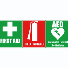 Load image into Gallery viewer, Signage for first aid, fire extinguisher, and AED on a white background