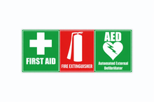 Load image into Gallery viewer, Signage for first aid, fire extinguisher, and AED on a white background