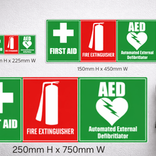 Load image into Gallery viewer, Set of safety signs for first aid, fire extinguisher, and AED on a white background with a fire extinguisher.