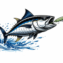 Load image into Gallery viewer, Illustration of a tuna fish sticker with a hook in its mouth on a white background