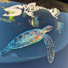 Load image into Gallery viewer, Colorful sea turtle decal on a car window with a skeleton lobster decal above it.