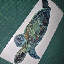 Load image into Gallery viewer, Turtle decal on a white sheet of paper with a green cutting mat background