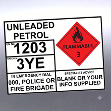 Load image into Gallery viewer, Unleaded Petrol UN 1203 Hazchem EIP Sticker Sign – Tank Identification Label