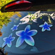 Load image into Gallery viewer, Car window with blue Frangipani flower decals and a white logo