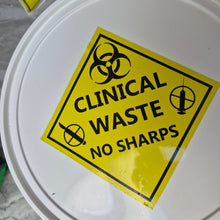 Load image into Gallery viewer, White container with a yellow 'Clinical Waste No Sharps' sign on a gray background