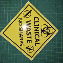 Load image into Gallery viewer, Yellow warning sign with black text and symbols on a green grid background "Yellow clinical waste no sharps "
