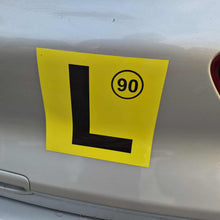 Load image into Gallery viewer, Yellow learner's magnets design 90kms with a black 'L' and number 90 on a car's rear.