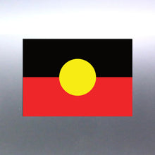 Load image into Gallery viewer, A rectangular vinyl sticker featuring the Aboriginal flag colors and design Decal on a silver car door