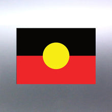 Load image into Gallery viewer, A rectangular vinyl sticker featuring the Aboriginal flag colors and design Decal on a silver car door