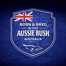 Load image into Gallery viewer, Logo with Australian flag and text 'Born & Bred in the Aussie Bush Australia' on a dark blue background.