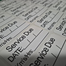 Load image into Gallery viewer, Sheet of car service due labels with fields for date, mileage, and service details.