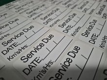 Load image into Gallery viewer, Sheet of car service due labels with fields for date, mileage, and service details.