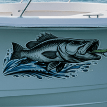Load image into Gallery viewer, Barra decal on a boat's side with water in the background barramundi sticker