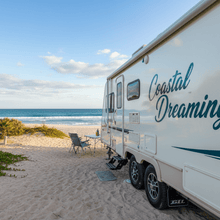 Load image into Gallery viewer, Coastal Dreaming - cream fifth wheeler teal decal