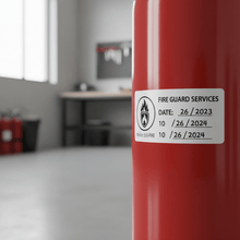Load image into Gallery viewer, Custom inspection sticker on fire extinguisher with contractor logo and details