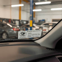 Load image into Gallery viewer, Custom inspection sticker on windscreen with logo business name phone address