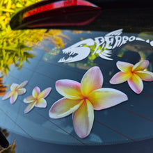 Load image into Gallery viewer, Floral yellow frangipani stickers on a car window with a visible brand logo.