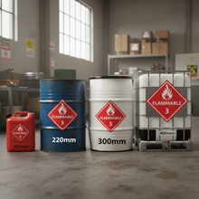 Load image into Gallery viewer, Flammable liquid class 3 sticker size comparison on jerry can drum and IBC