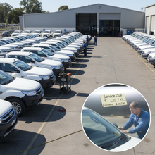 Load image into Gallery viewer, Fleet of white utes in workshop yard with sticker inset