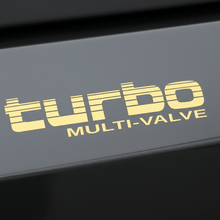 Load image into Gallery viewer, Gold Turbo Multi-Valve sticker close-up on dark panel