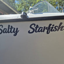Load image into Gallery viewer, Boat with 'Salty Starfish' decal on a sunny day with trees in the background