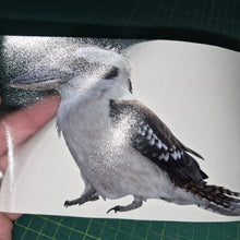 Load image into Gallery viewer, Hand holding a card with a kookaburra bird image on a green cutting mat.