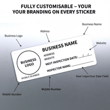 Load image into Gallery viewer, Labelled diagram showing logo name mobile address website inspection fields