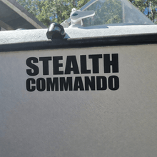 Load image into Gallery viewer, custom boat name Decal on the side of a boat with 'Stealth Commando' text